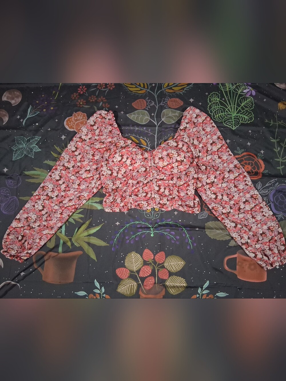 Floral Puff-Sleeve Sweetheart Crop Top